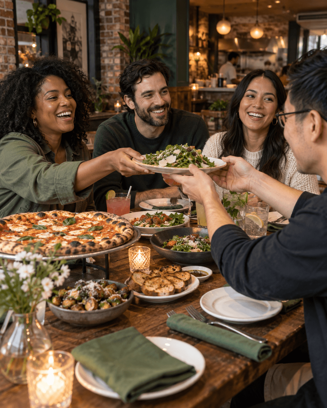 Friends sharing a meal at a neighborhood restaurant